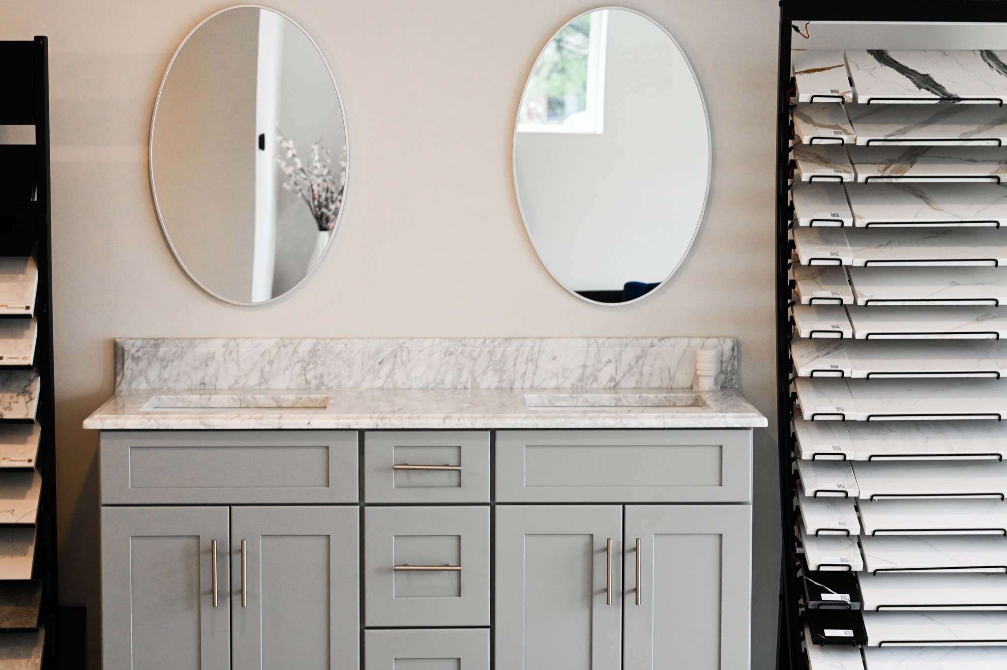 802 Cabinetry showroom vanity display with material samples