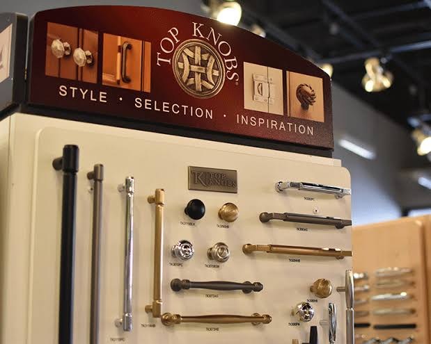 Top Knobs hardware display wall in our Keene showroom